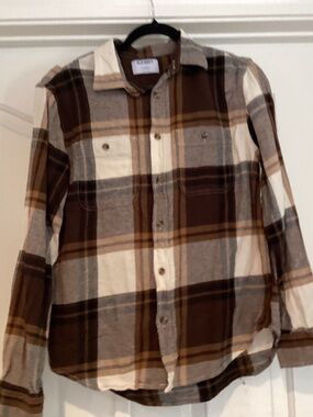 Old Navy Women Plaid Shirt, Size Medium, Color Beige Multi Color Preown